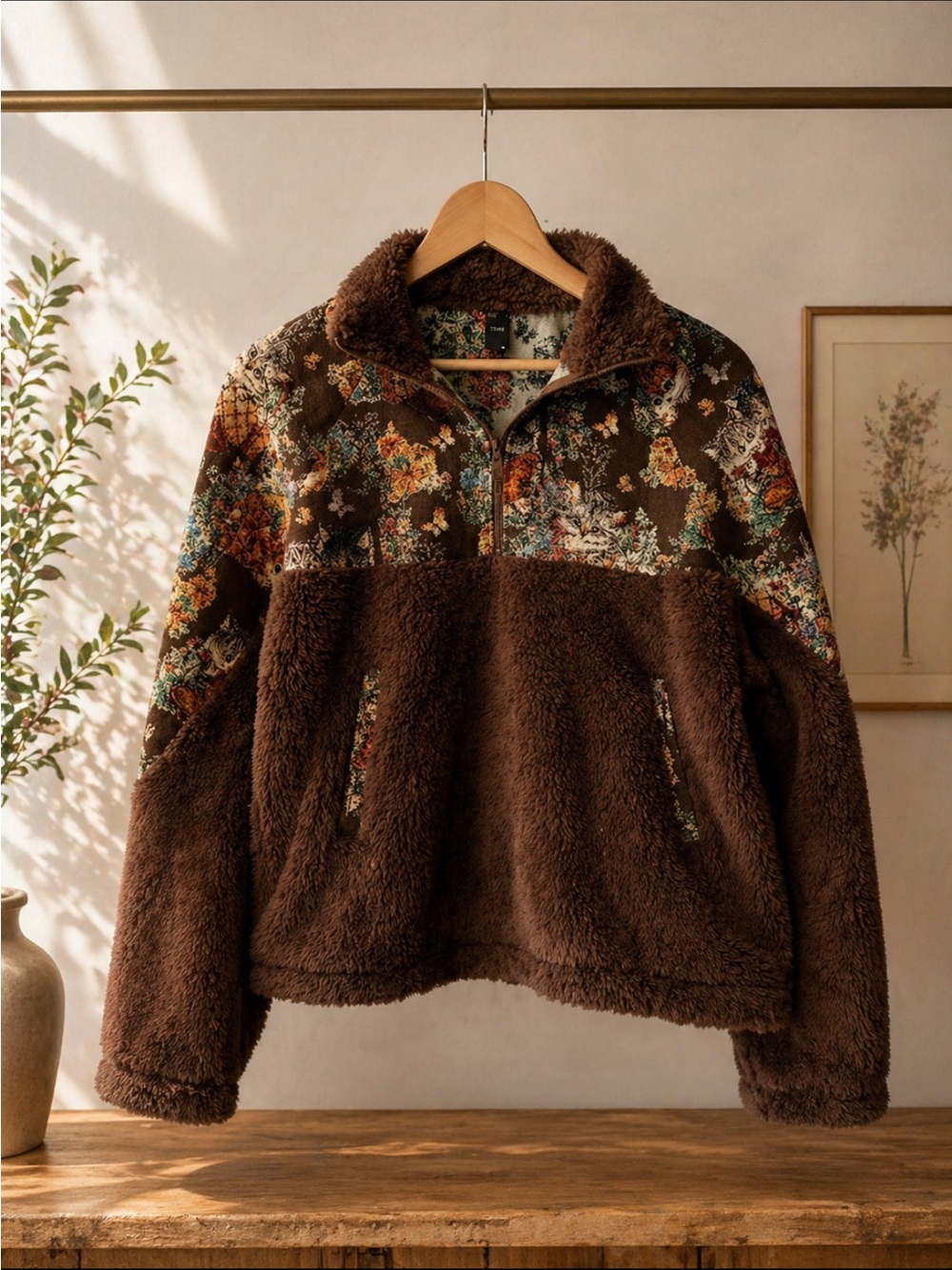 Brown Faux Fur Pullover with Floral Cat Detail